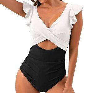 B2Prity Onepiece Swimsuit Sz M Ruffle Sleeves Cutout Textured Tummy Control
